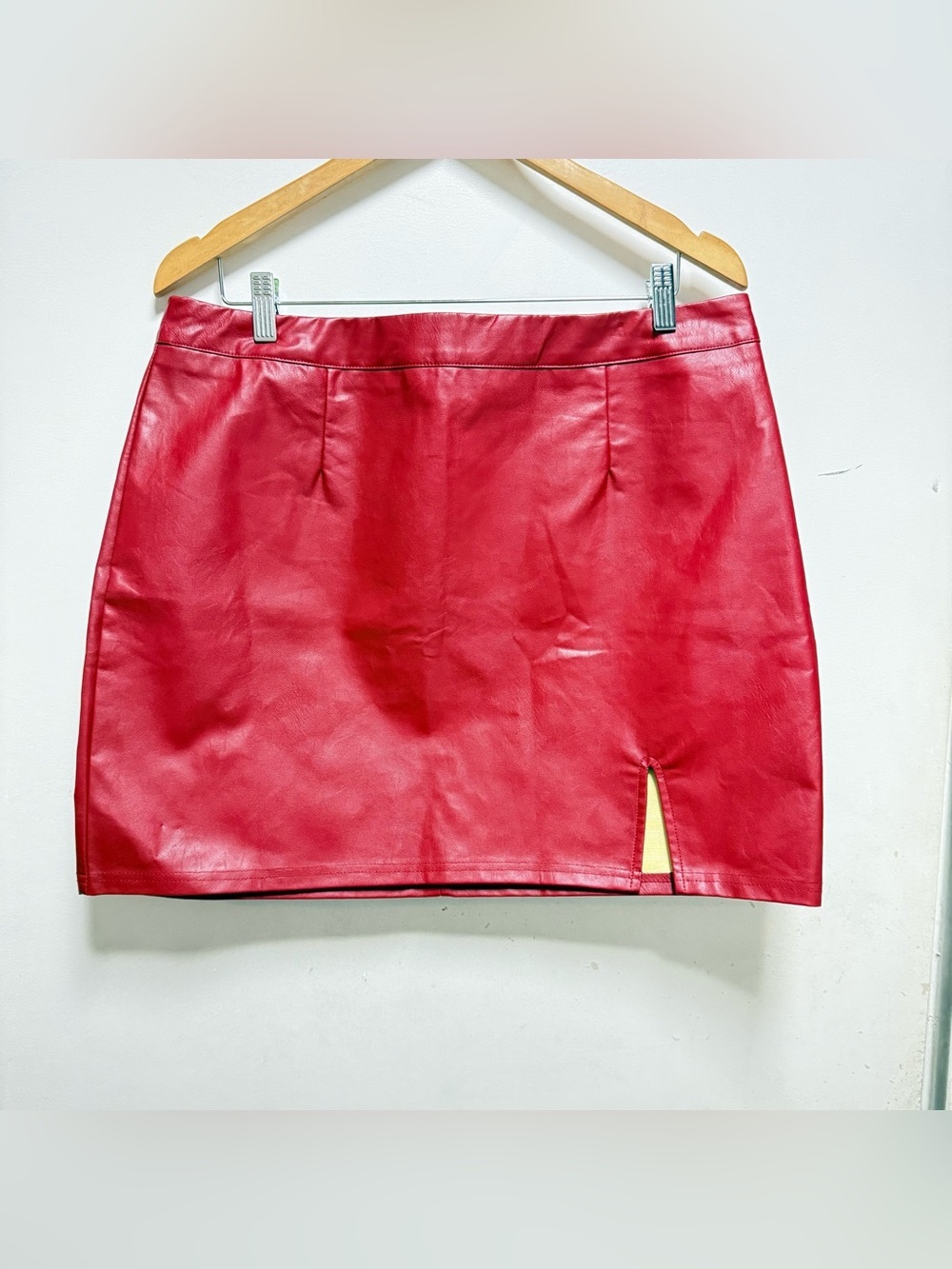 Lulu's Red Faux Leather Mini Skirt with Side Slit